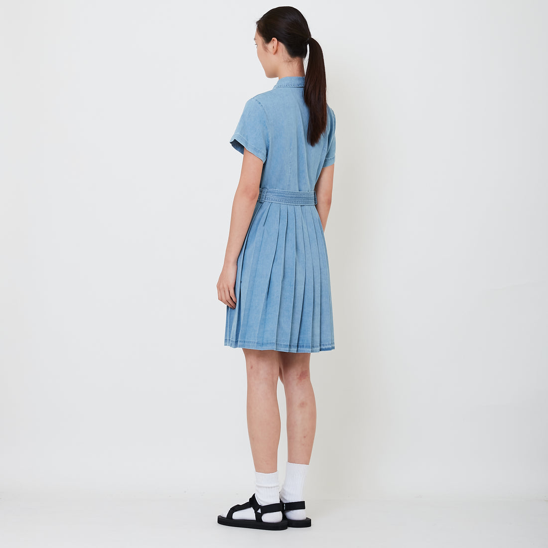 Women Pleated Short Dress - Light Blue - SW2501029A