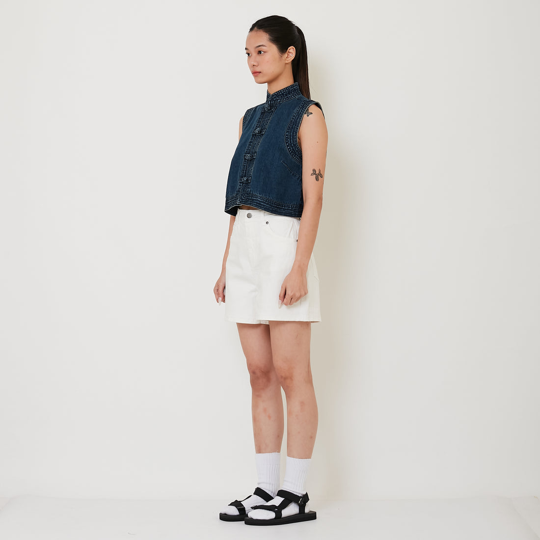 Women Mandarin Collar Blouse - Blue - SW2501066A