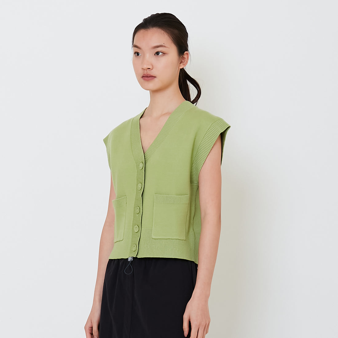 Women V-neck Knit Top - Avocado - SW2502041A