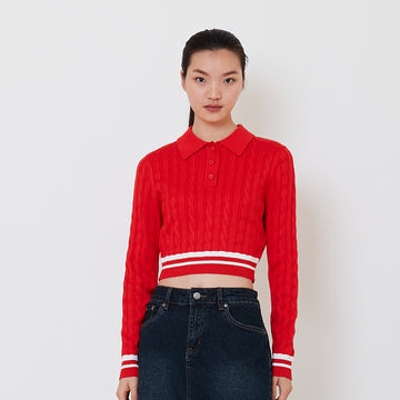 Women Cable Knit Polo - Dark Orange - SW2503059A