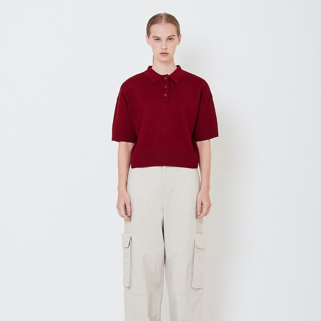 Women Polo Knit Top - Maroon - SW2506108B