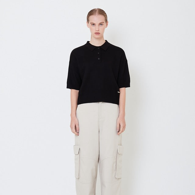 Women Polo Knit Top - Black - SW2506108D