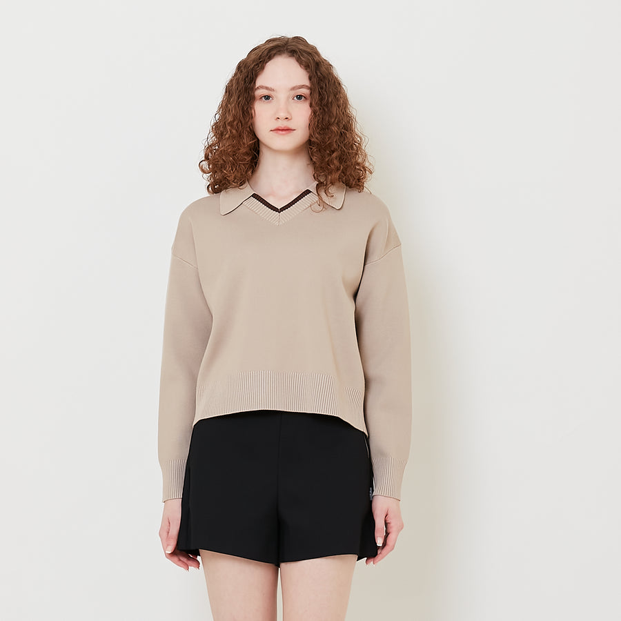 Women Contrast Polo Sweater - Khaki - SW2508126A