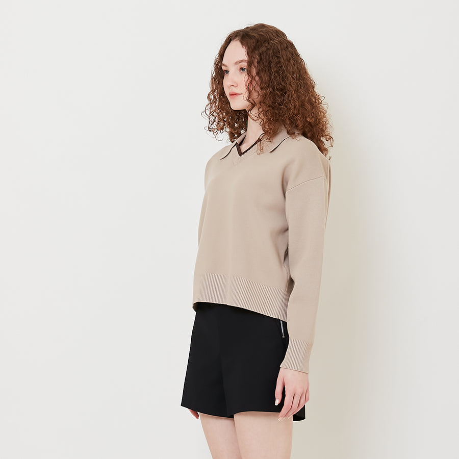 Women Contrast Polo Sweater - Khaki - SW2508126A