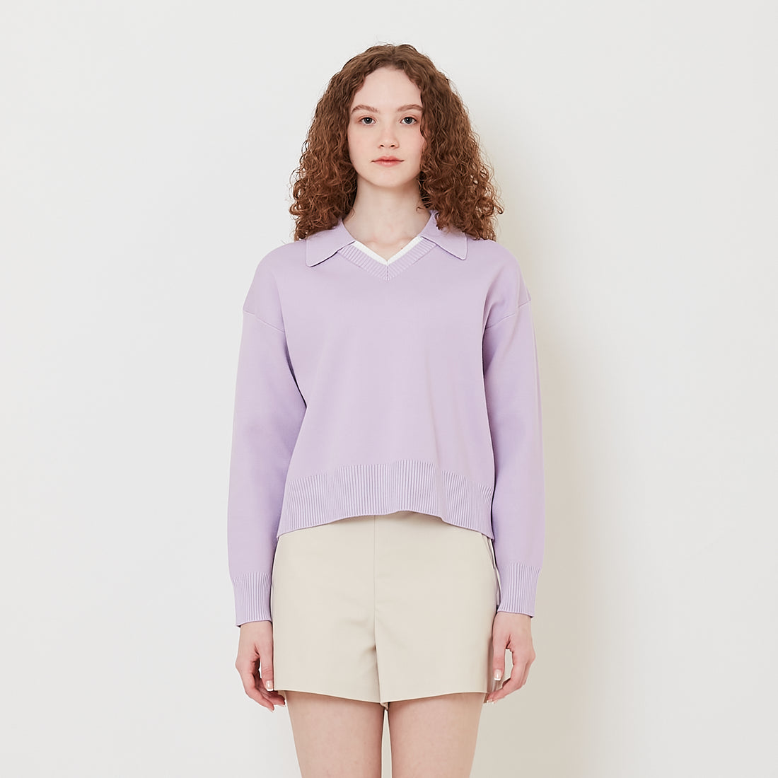 Women Contrast Polo Sweater - Purple - SW2508126B