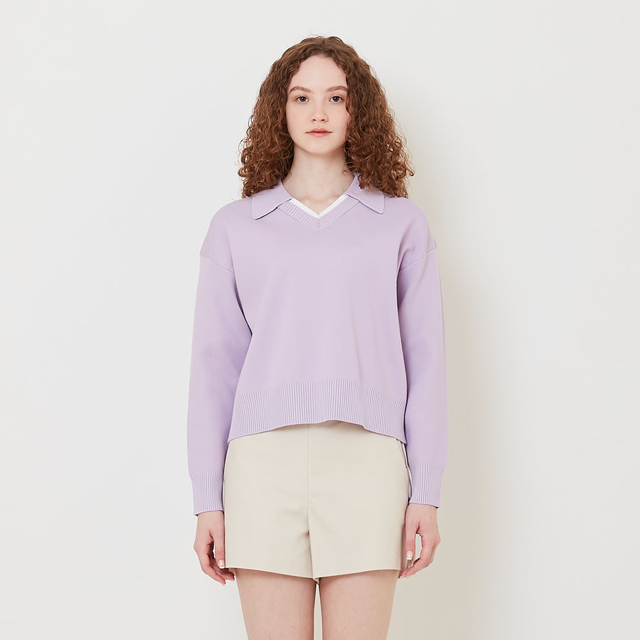 Women Contrast Polo Sweater - Purple - SW2508126B