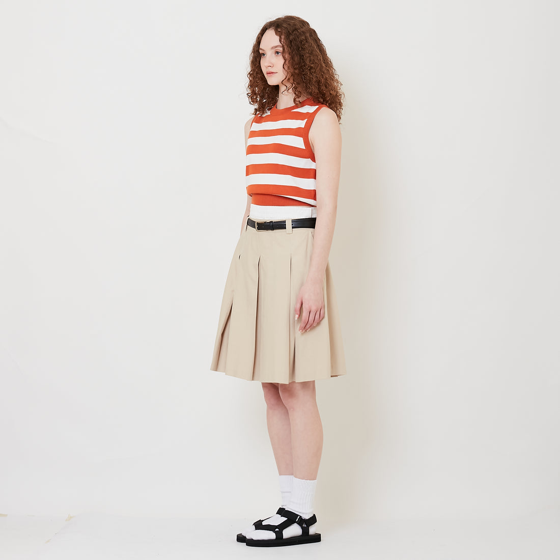 Women Pleated Skirt With Belt - Light Khaki - SW2508130A