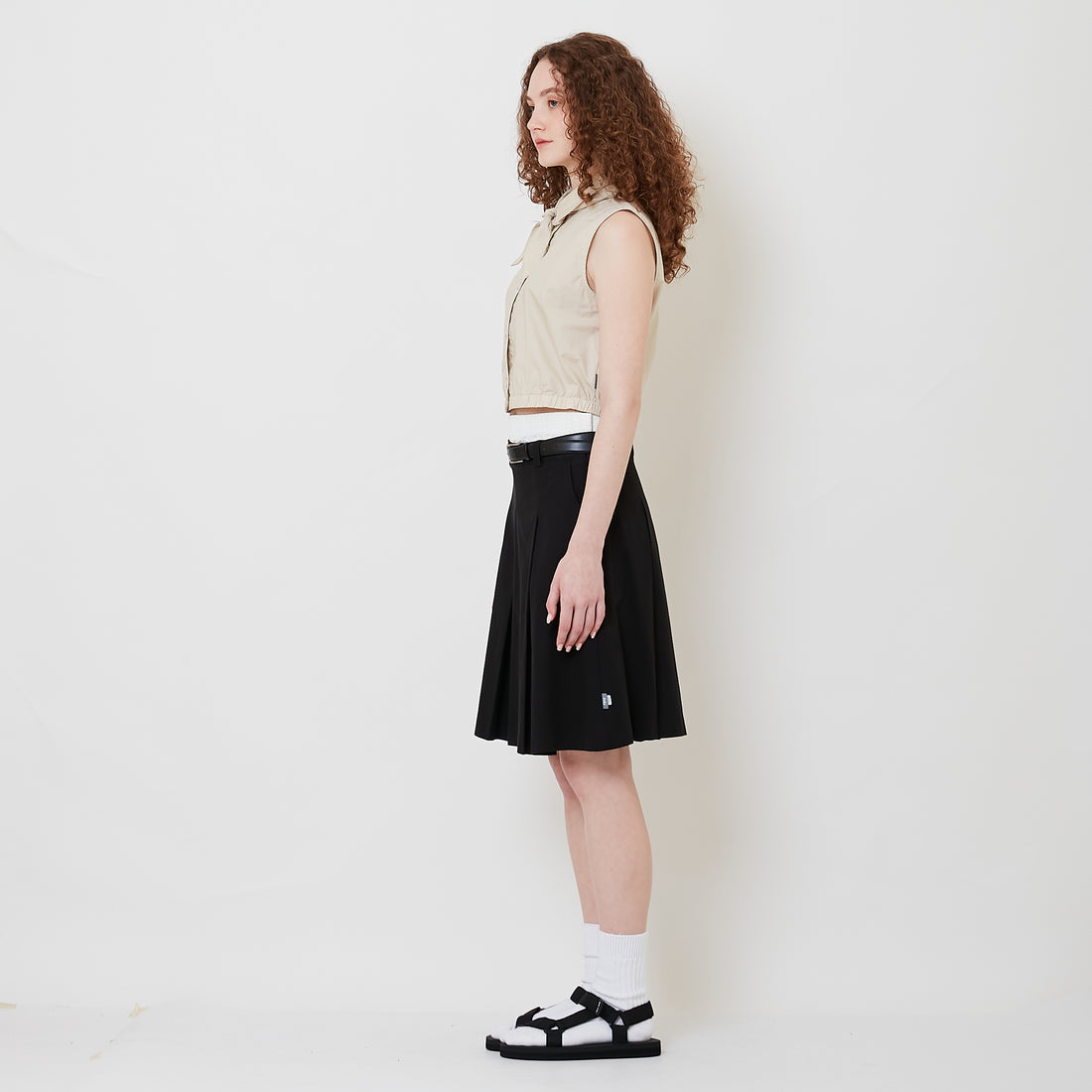 Women Pleated Skirt With Belt - Black - SW2508130B