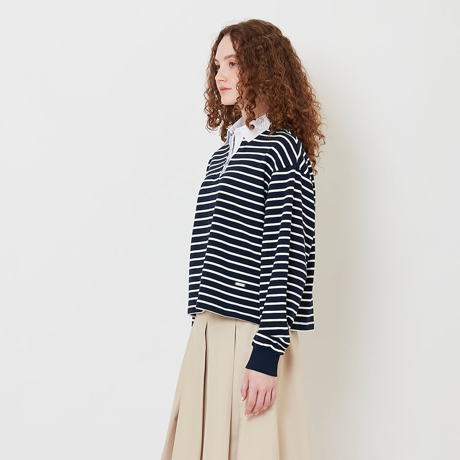 Women Striped Polo Sweatshirt - Navy - SW2508135A
