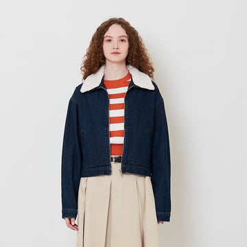 Women Detachable Collar Denim Jacket - Navy - SW2508137A