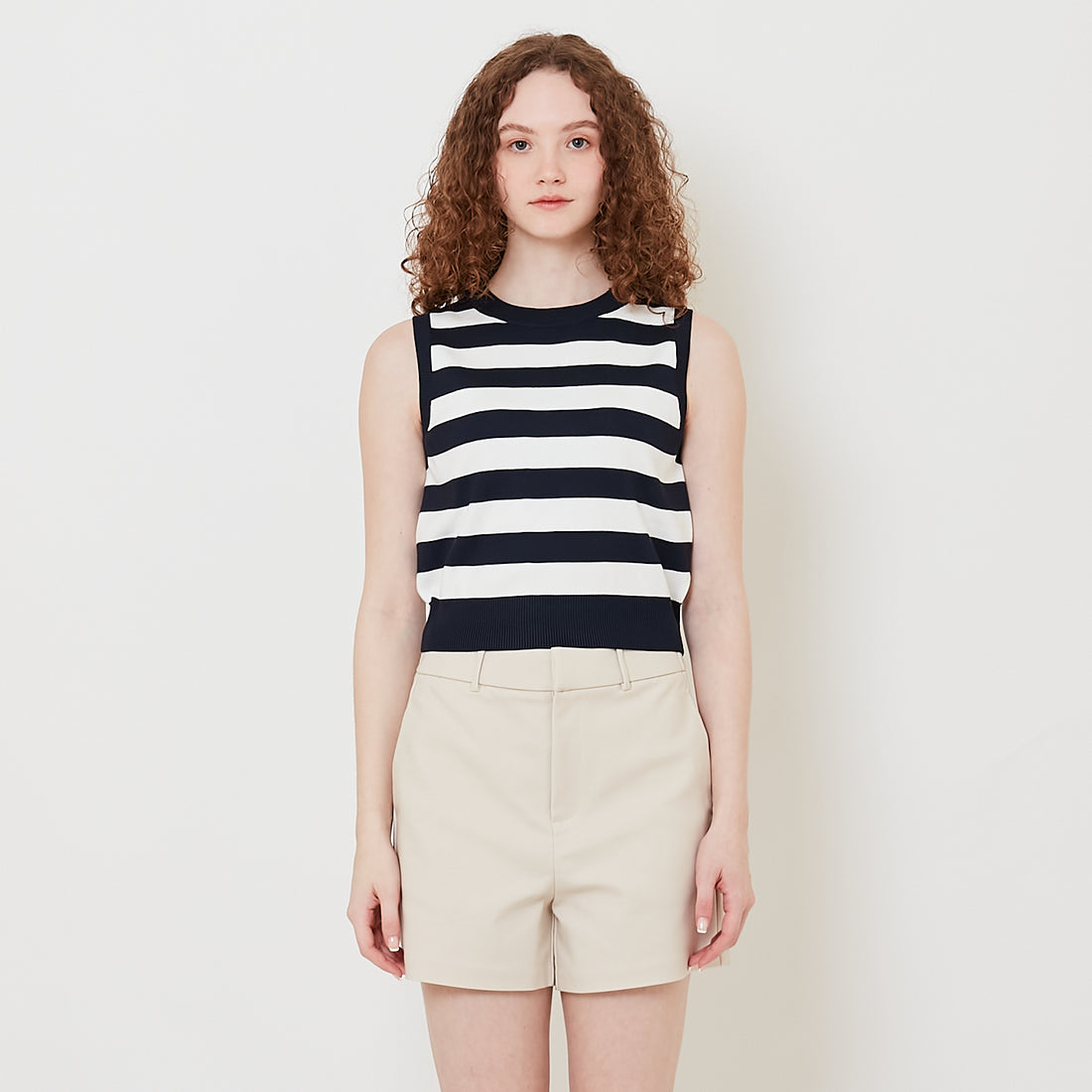 Women Striped Knit Cropped Top - Navy - SW2509143B