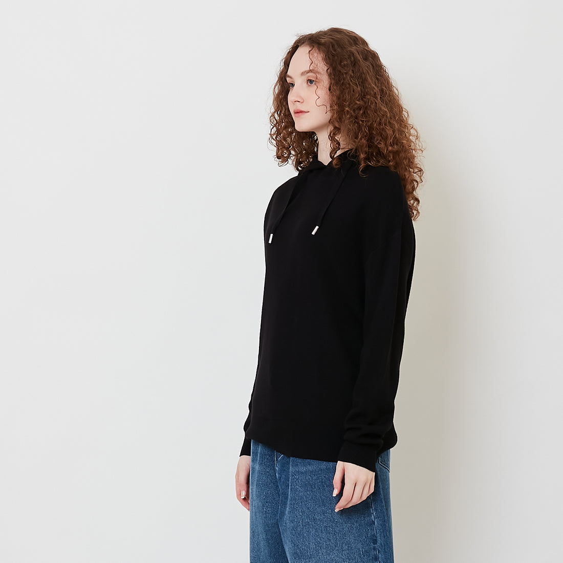 Women Hooded Knit Sweater - Black - SW2509146B