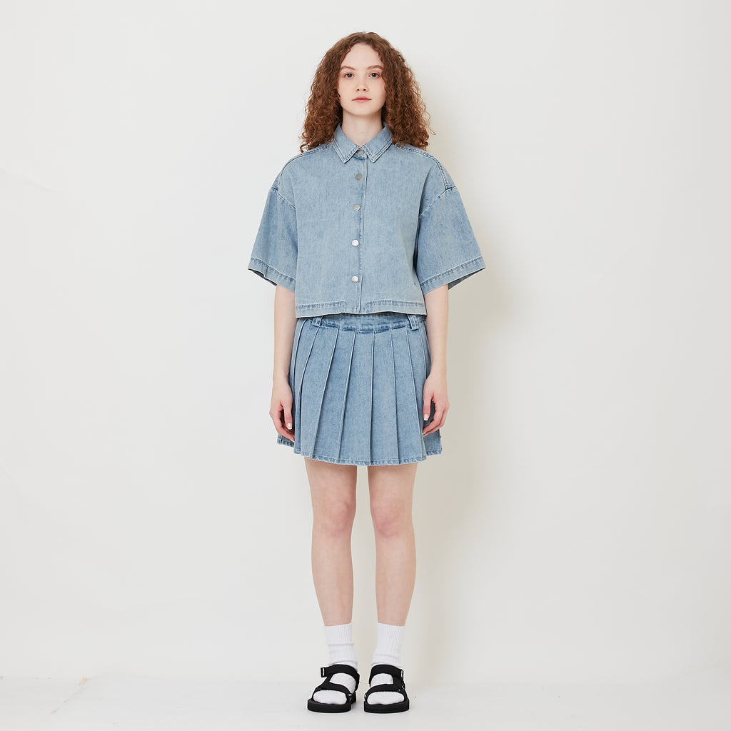 Women Pleated Denim Skirt - Light Blue - SW2509150A