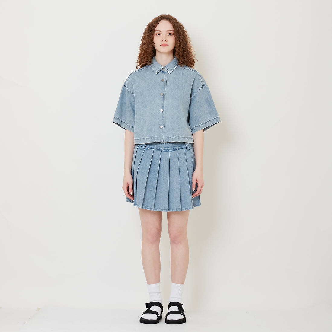 Women Pleated Denim Skirt - Light Blue - SW2509150A