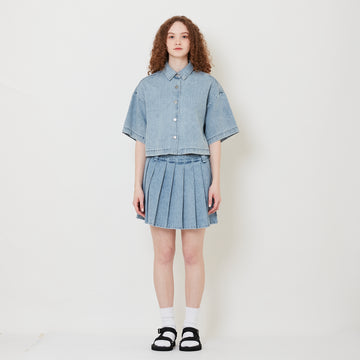 Women Pleated Denim Skirt - Light Blue - SW2509150A