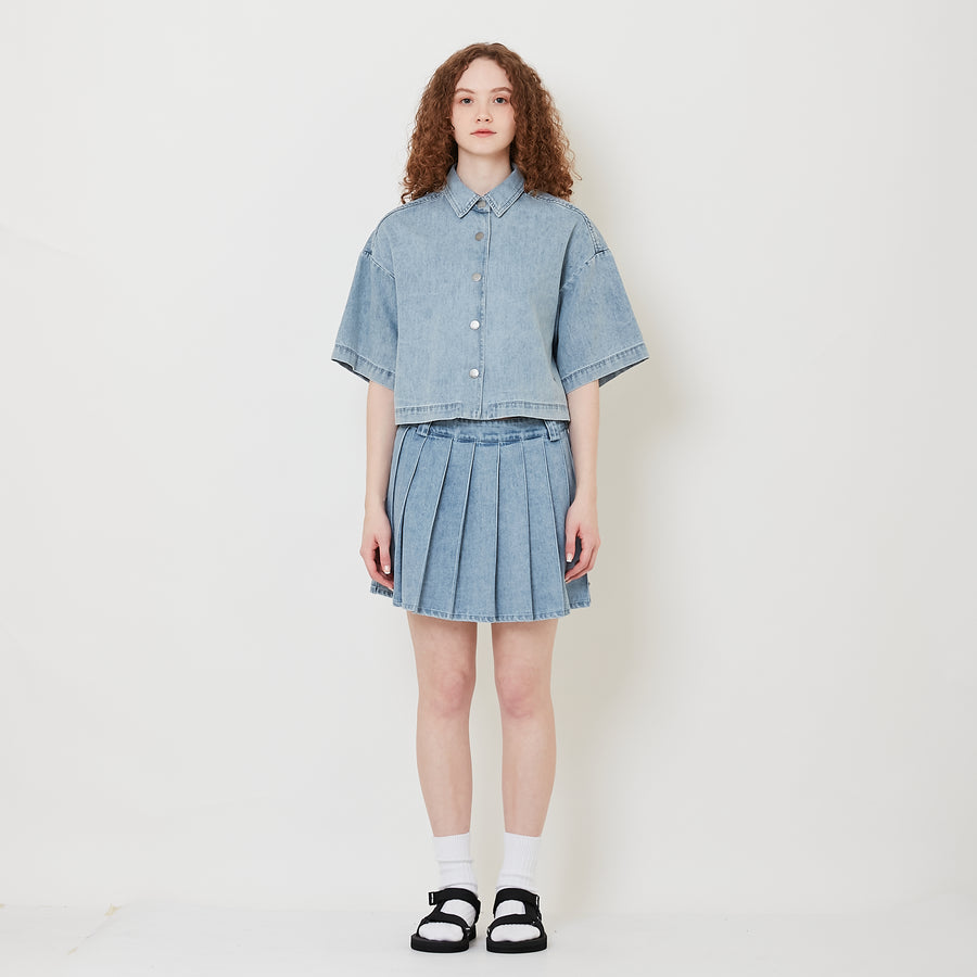 Women Pleated Denim Skirt - Light Blue - SW2509150A