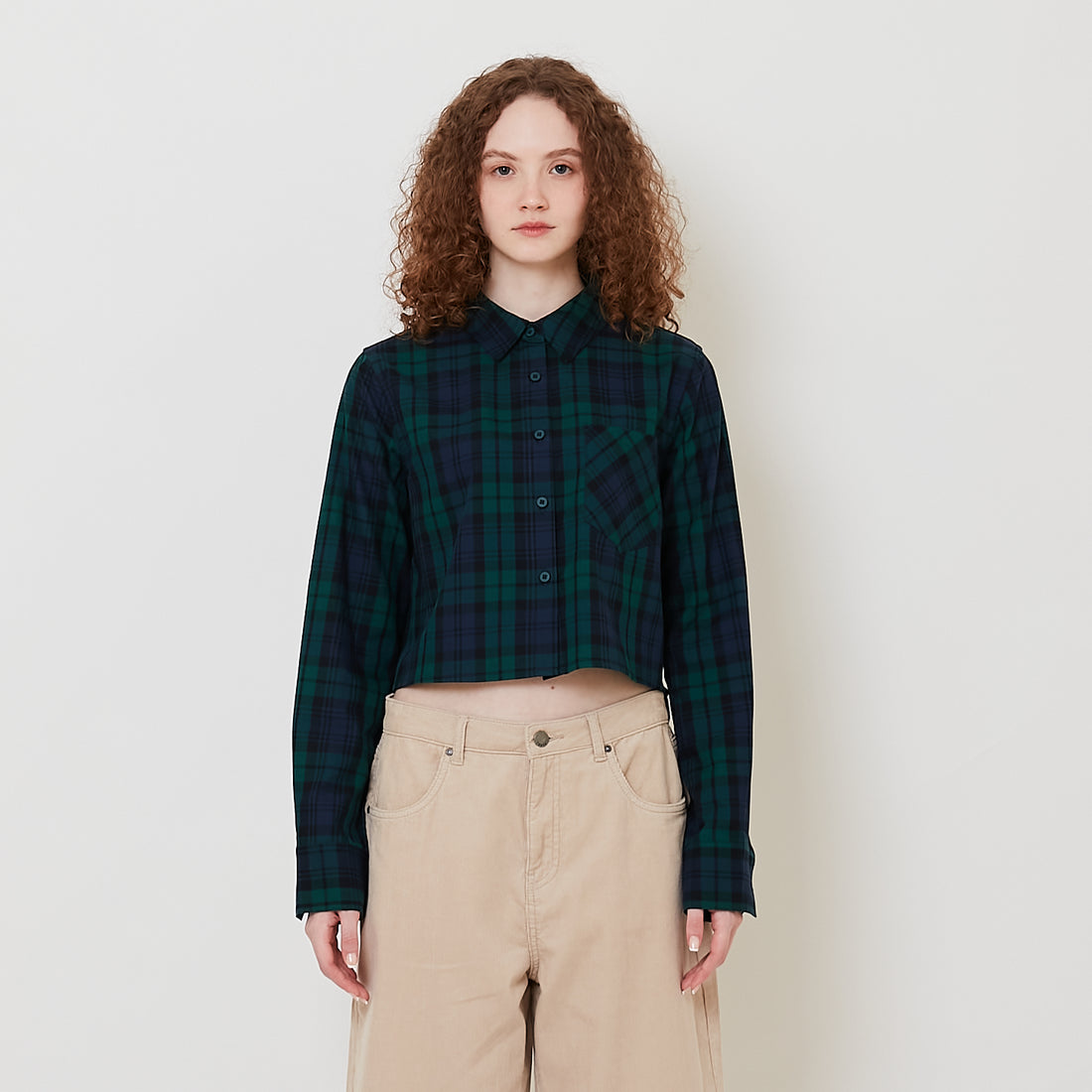 Women Plaid Cropped Shirt - Dark Green - SW2510173A
