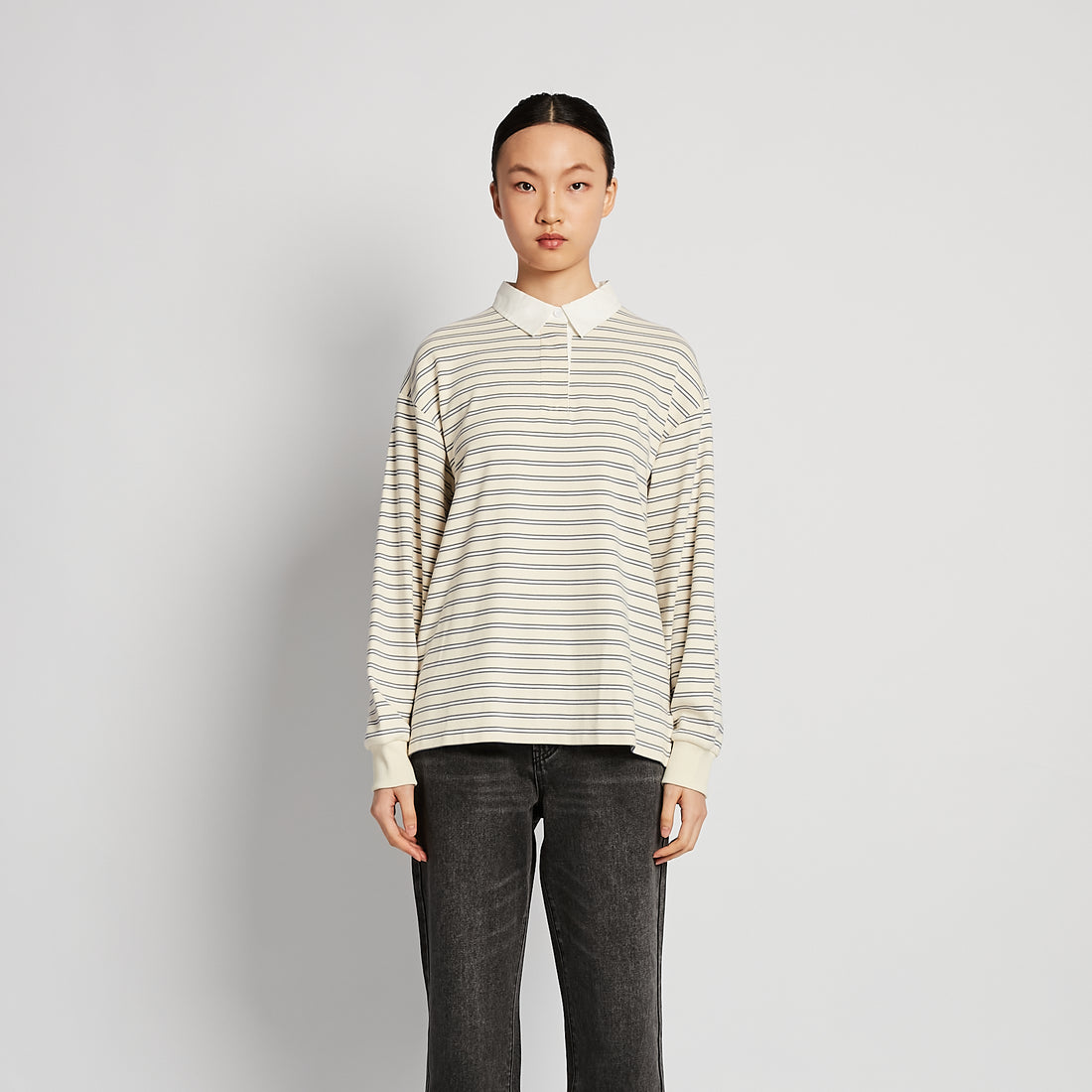 Women Striped Polo Sweatshirt - Cream - SW2510245A