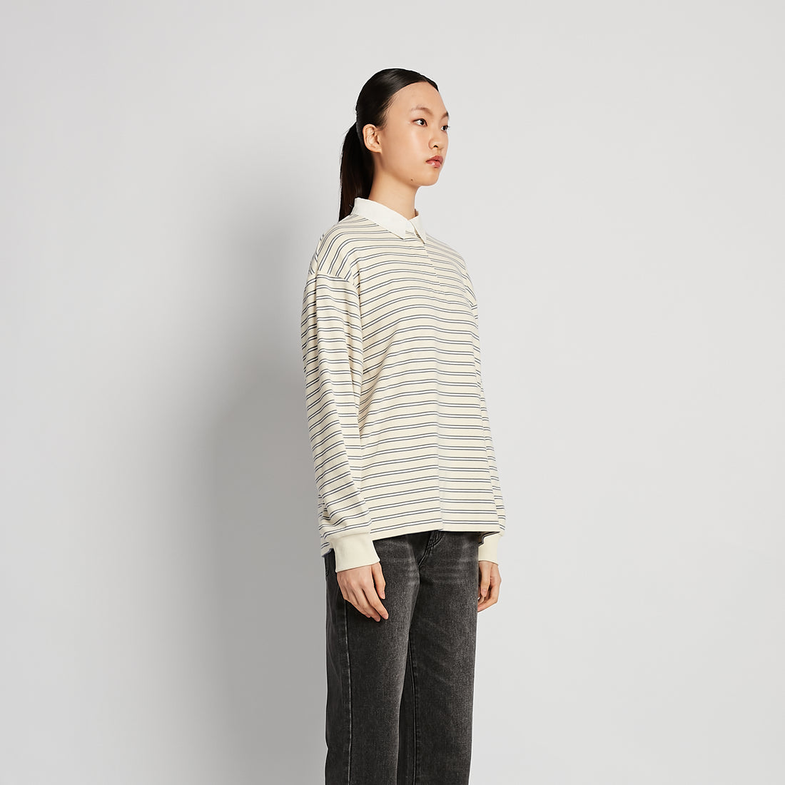 Women Striped Polo Sweatshirt - Cream - SW2510245A
