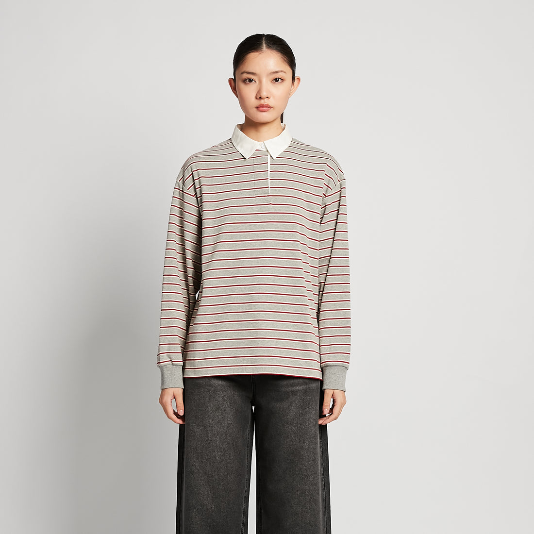 Women Striped Polo Sweatshirt - Melange Grey - SW2510245B