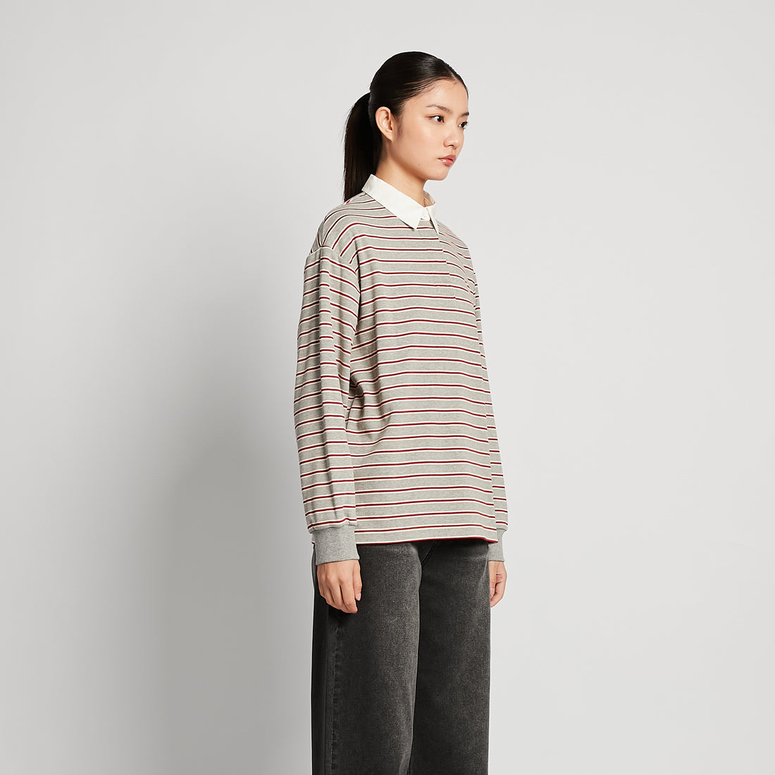 Women Striped Polo Sweatshirt - Melange Grey - SW2510245B