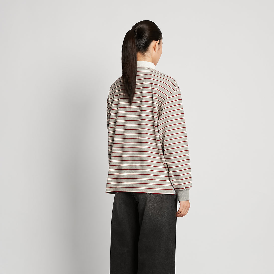 Women Striped Polo Sweatshirt - Melange Grey - SW2510245B