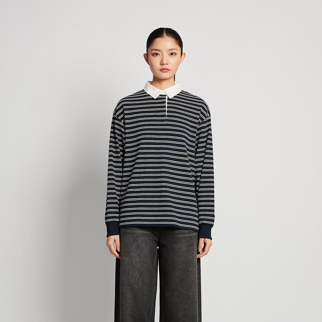 Women Striped Polo Sweatshirt - Navy - SW2510245C