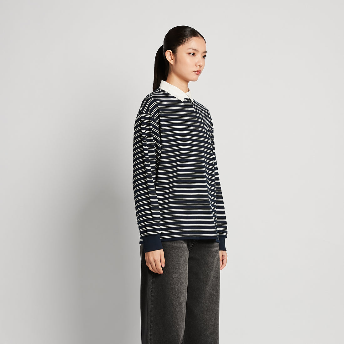 Women Striped Polo Sweatshirt - Navy - SW2510245C