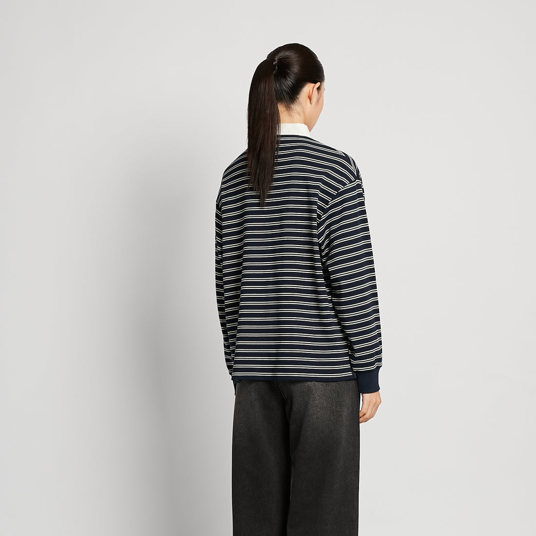 Women Striped Polo Sweatshirt - Navy - SW2510245C