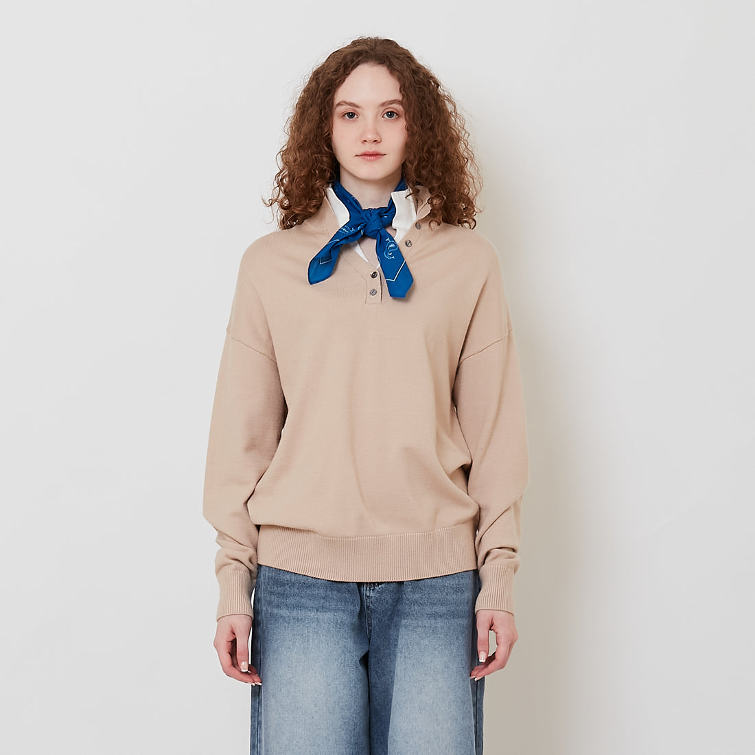 Women Double Collar Knit Top - Light Khaki - SW2511184A