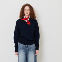 Women Double Collar Knit Top - Navy - SW2511184B