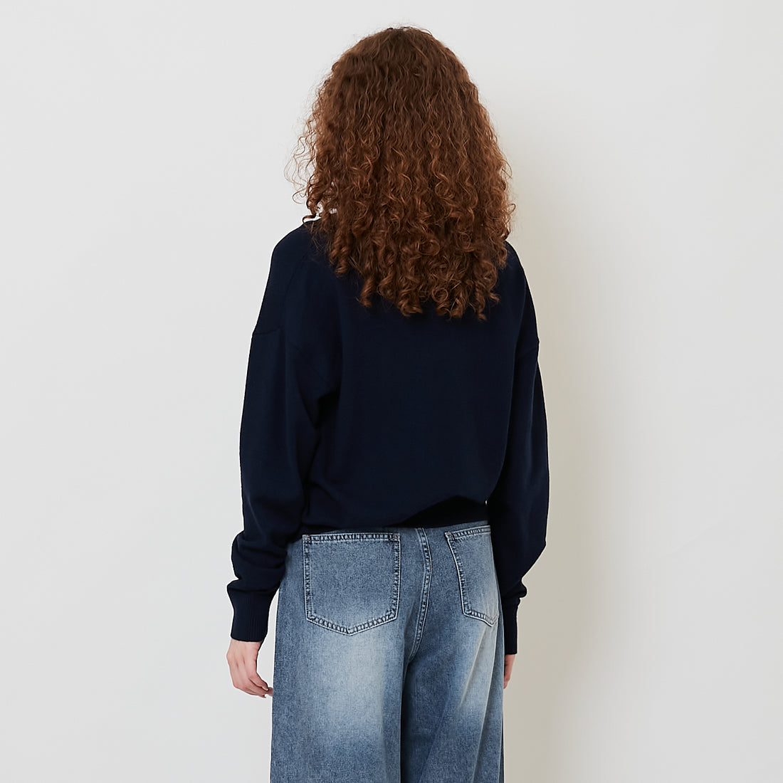 Women Double Collar Knit Top - Navy - SW2511184B