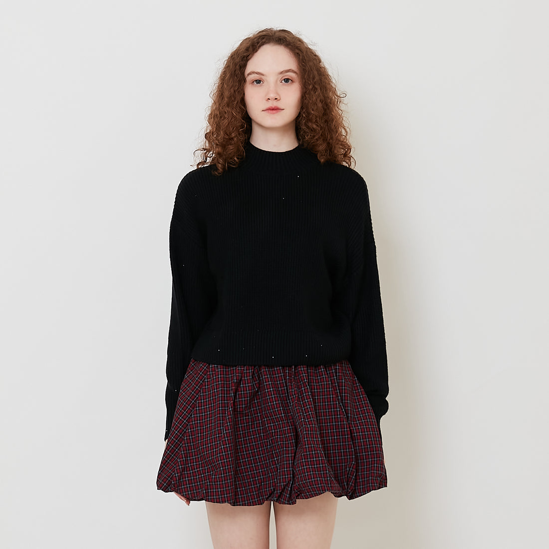 Women Mock Neck Sequin Knit Top - Black - SW2511200A