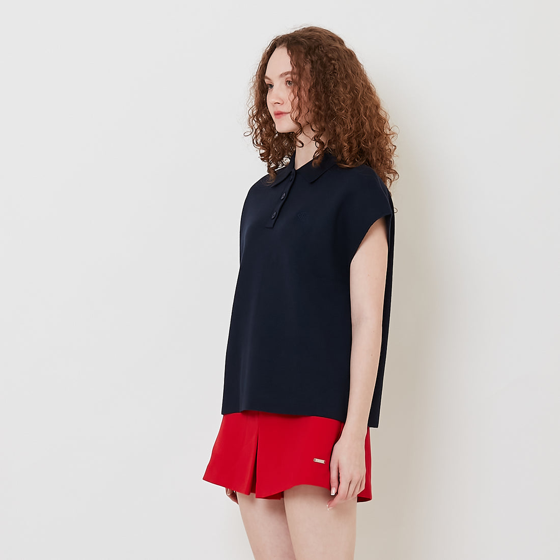 Women Embroidery Polo Knit Top - Navy - SW2512211D