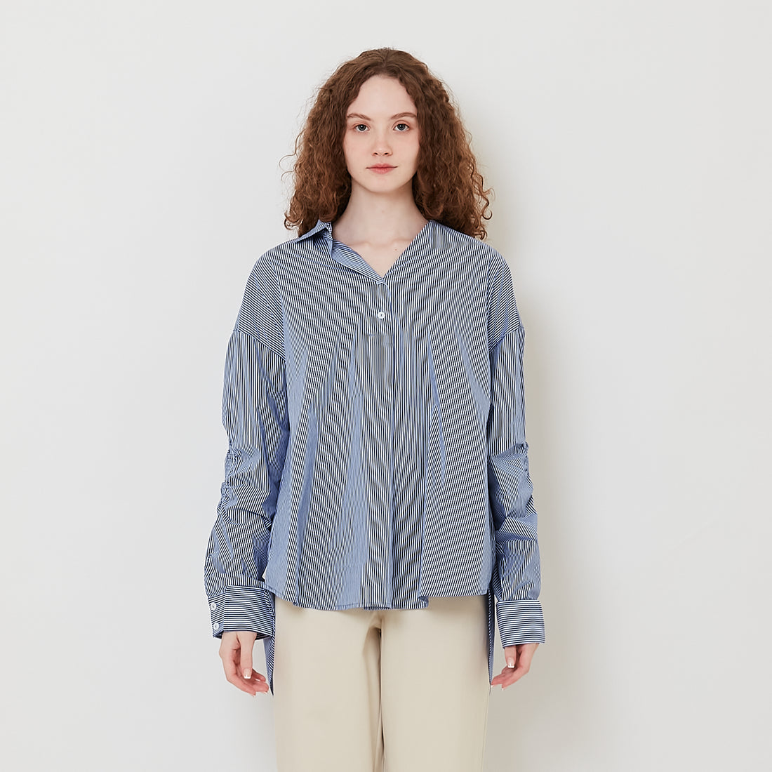 Women Oversized Folded Cuff Shirt - Blue - SW2512217B