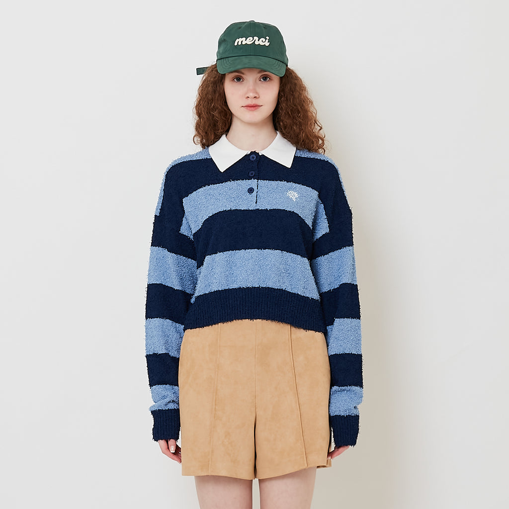 Women Striped Polo Knit Top - Light Blue - SW2512232A