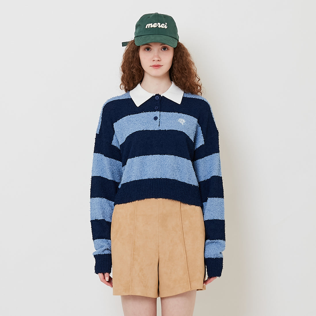 Women Striped Polo Knit Top - Light Blue - SW2512232A