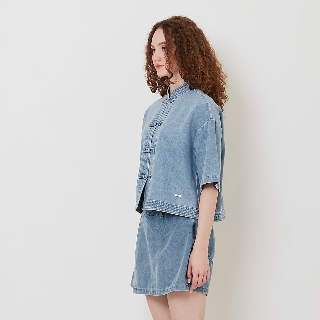 Women Mandarin Collar Blouse - Light Blue - SW2512244A