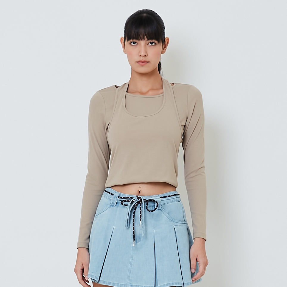 Women 2-Way Knit Top - Khaki - SW2601009B