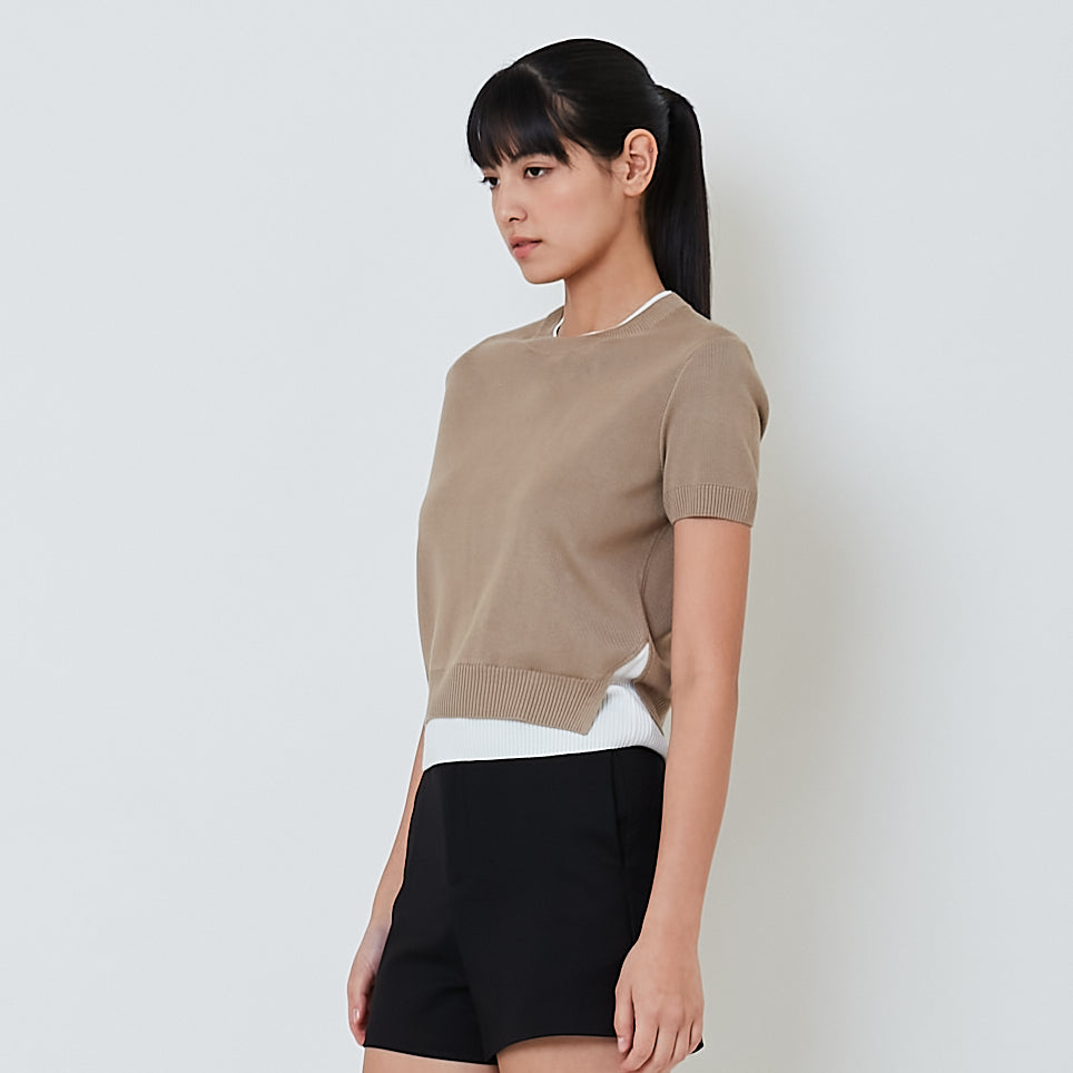 Women Contrast Knit Top - Khaki - SW2601013C