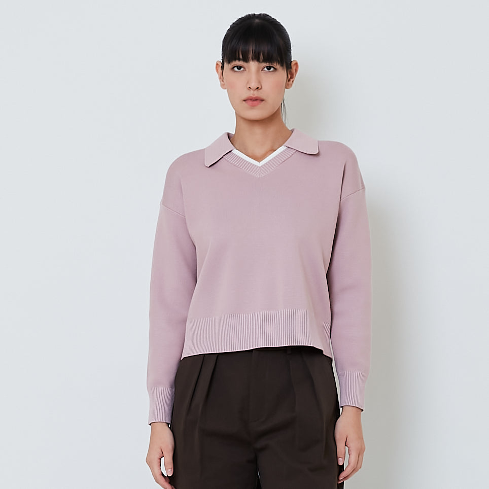 Women Contrast Polo Sweater - Pink - SW2601014A