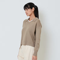Women Contrast Polo Sweater - Khaki - SW2601014B
