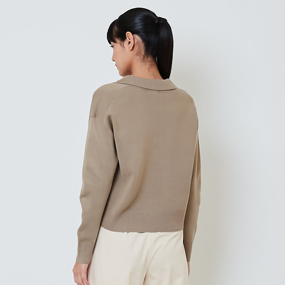 Women Contrast Polo Sweater - Khaki - SW2601014B