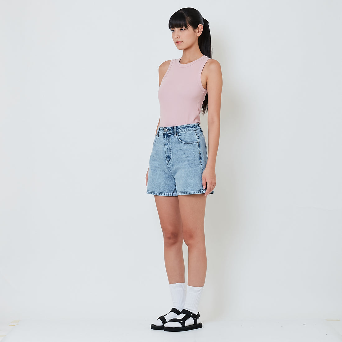 Women High Waist Bermuda Shorts - Light Blue - SW2601026B