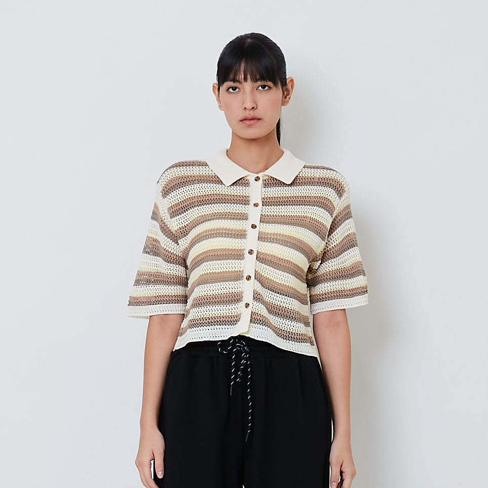 Women Hollow Out Mesh Shirt - Yellow - SW2601033A