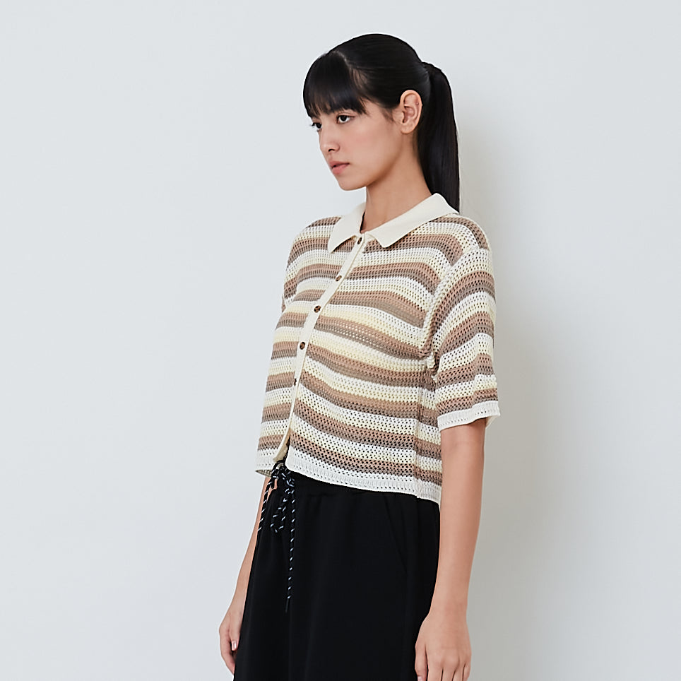 Women Hollow Out Mesh Shirt - Yellow - SW2601033A