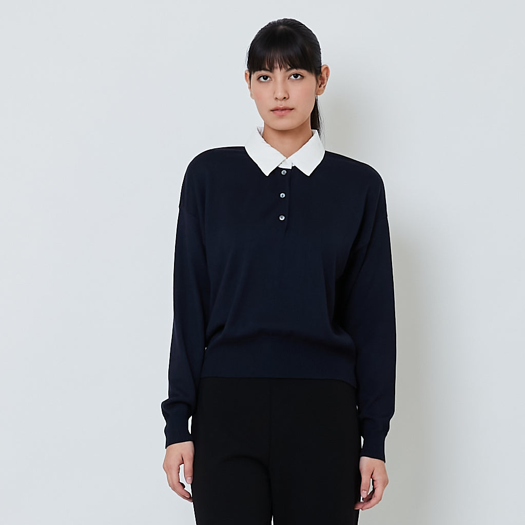 Women Combined Knit Cardigan - Navy - SW2602051B