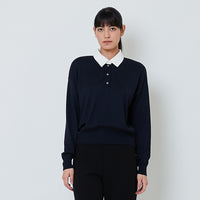 Women Combined Knit Cardigan - Navy - SW2602051B