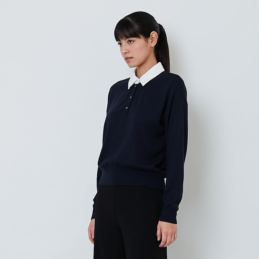 Women Combined Knit Cardigan - Navy - SW2602051B