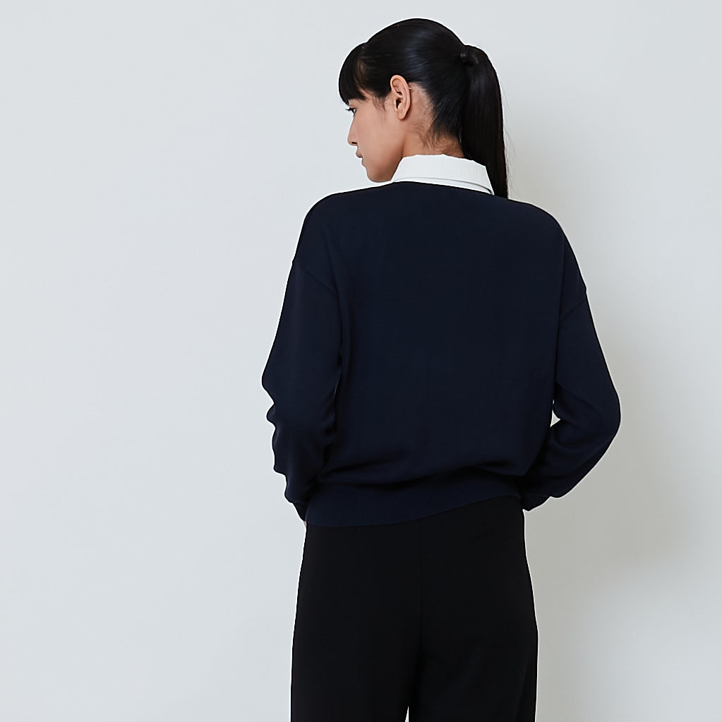 Women Combined Knit Cardigan - Navy - SW2602051B